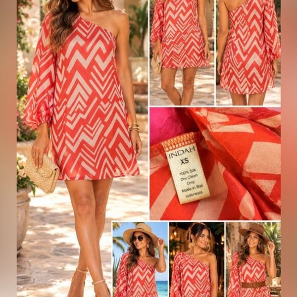 Indah 100% Silk One Shoulder Mini Dress Women’s XS Coral Cream Geometric