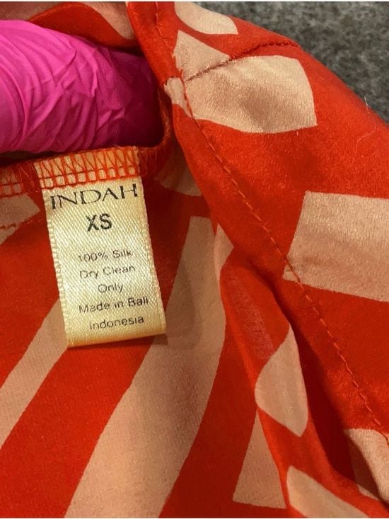 Indah 100% Silk One Shoulder Mini Dress Women’s XS Coral Cream Geometric 8