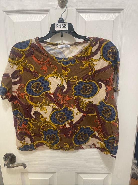 Zara Brown Multicolor Baroque-Print Short Sleeve Tee 2