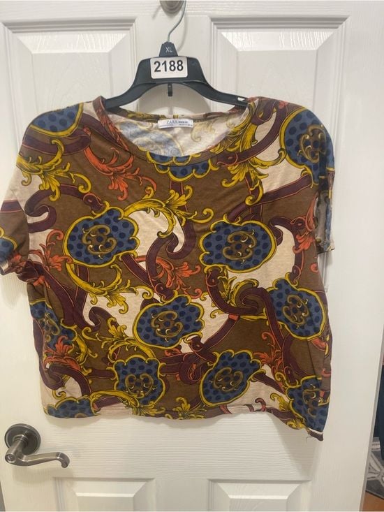 Zara Brown Multicolor Baroque-Print Short Sleeve Tee 3