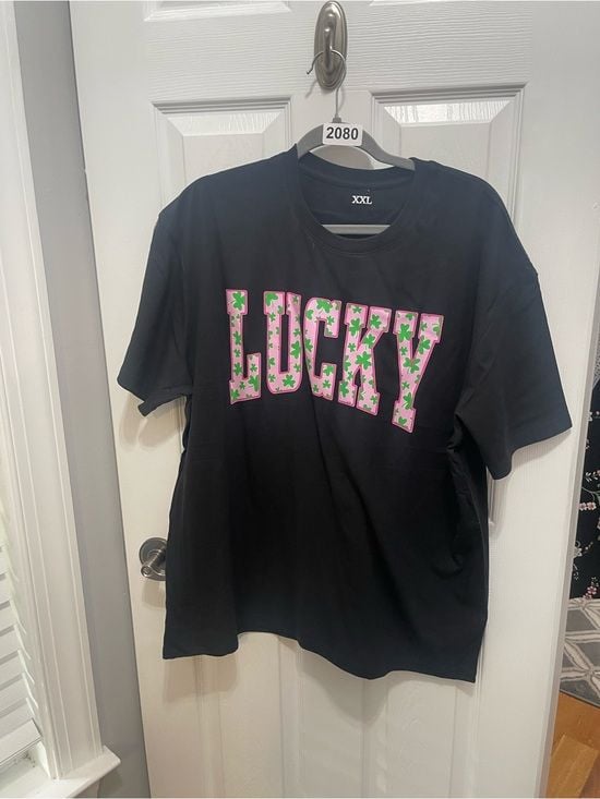 LUCKY Graphic Short Sleeve Tee in Black with Pink & Green Print 2
