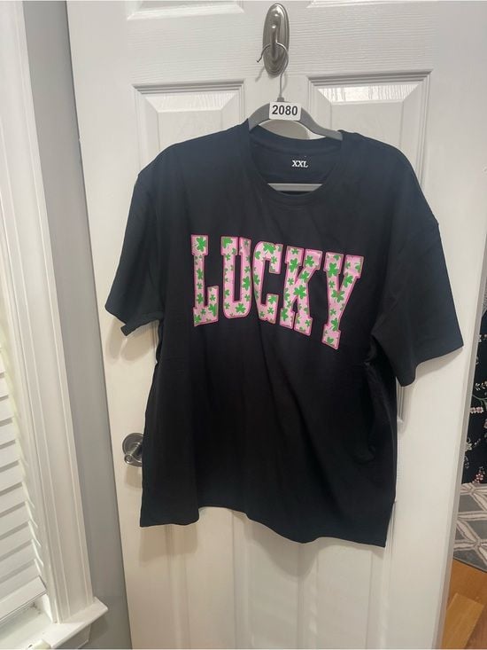 LUCKY Graphic Short Sleeve Tee in Black with Pink & Green Print 4