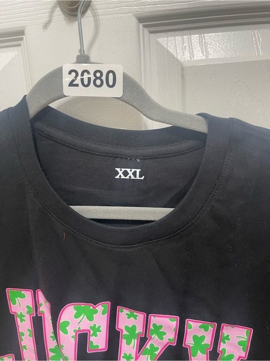 LUCKY Graphic Short Sleeve Tee in Black with Pink & Green Print 6