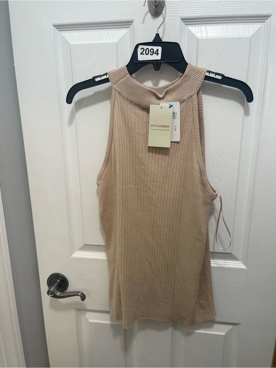 eesome Sleeveless Ribbed Cowl-Neck Tank in Beige 4
