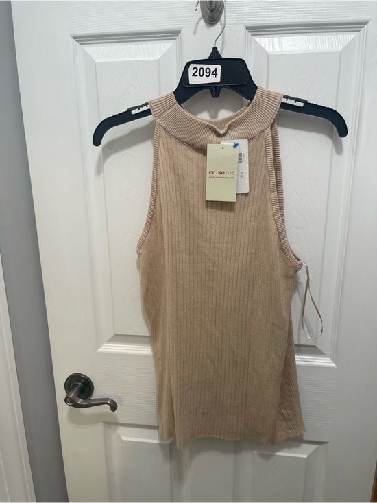eesome Sleeveless Ribbed Cowl-Neck Tank in Beige 13