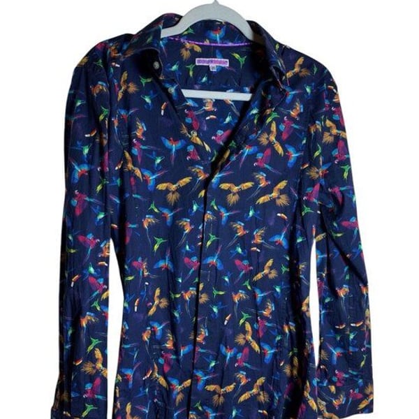 Coton Doux Mens Tropical Parrot Toucan Print Button Up Shirt Navy 15.5 39 M