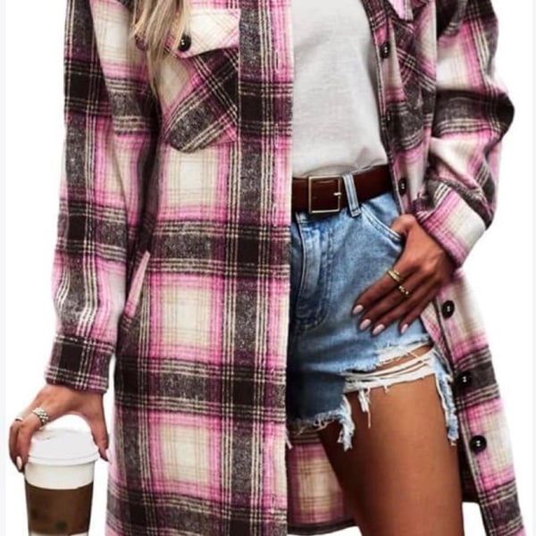 Unbranded Long Plaid Flannel Shacket Size L Pink Black Beige