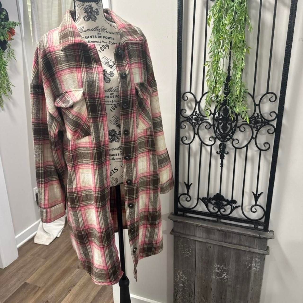 Unbranded Long Plaid Flannel Shacket Size L Pink Black Beige 3