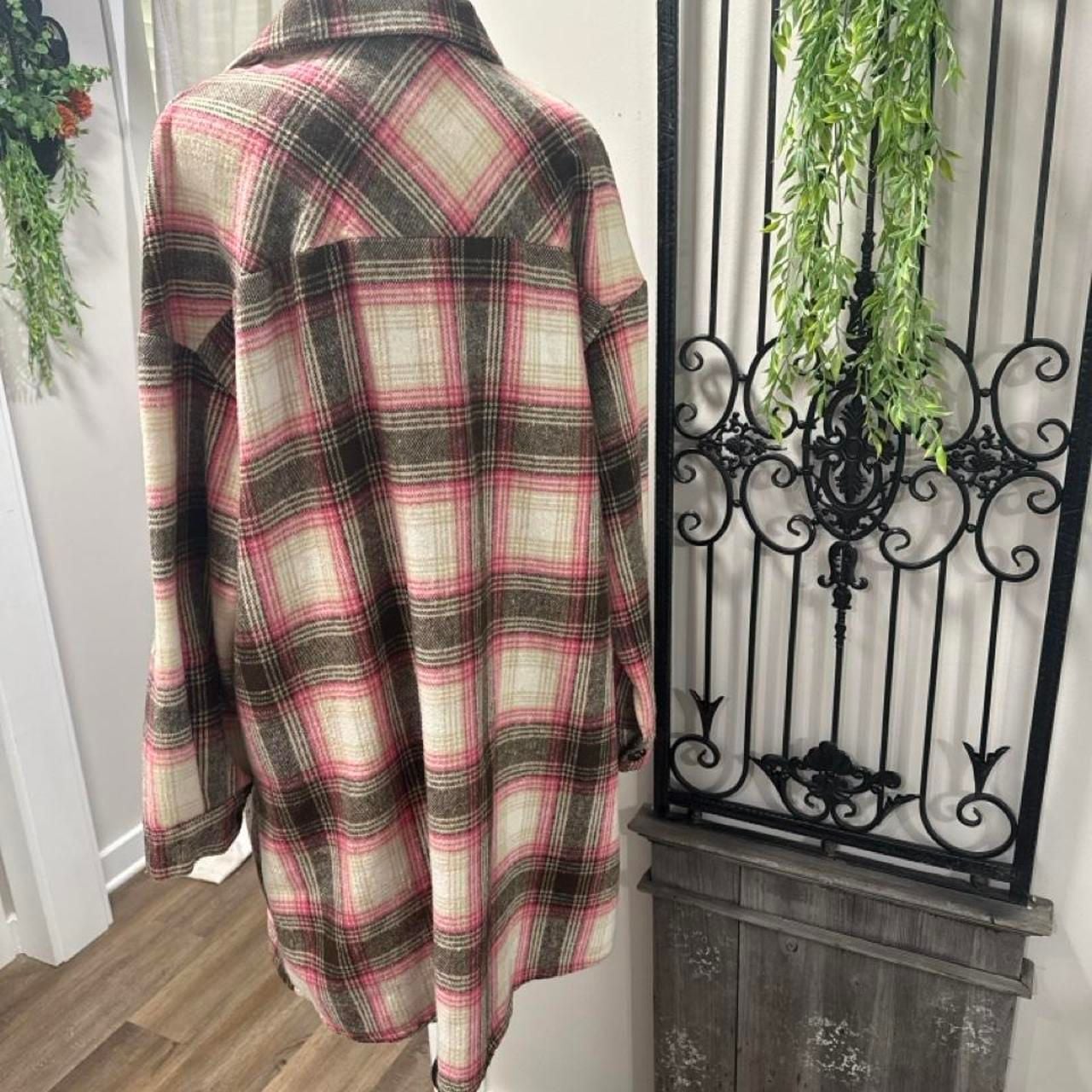 Unbranded Long Plaid Flannel Shacket Size L Pink Black Beige 4