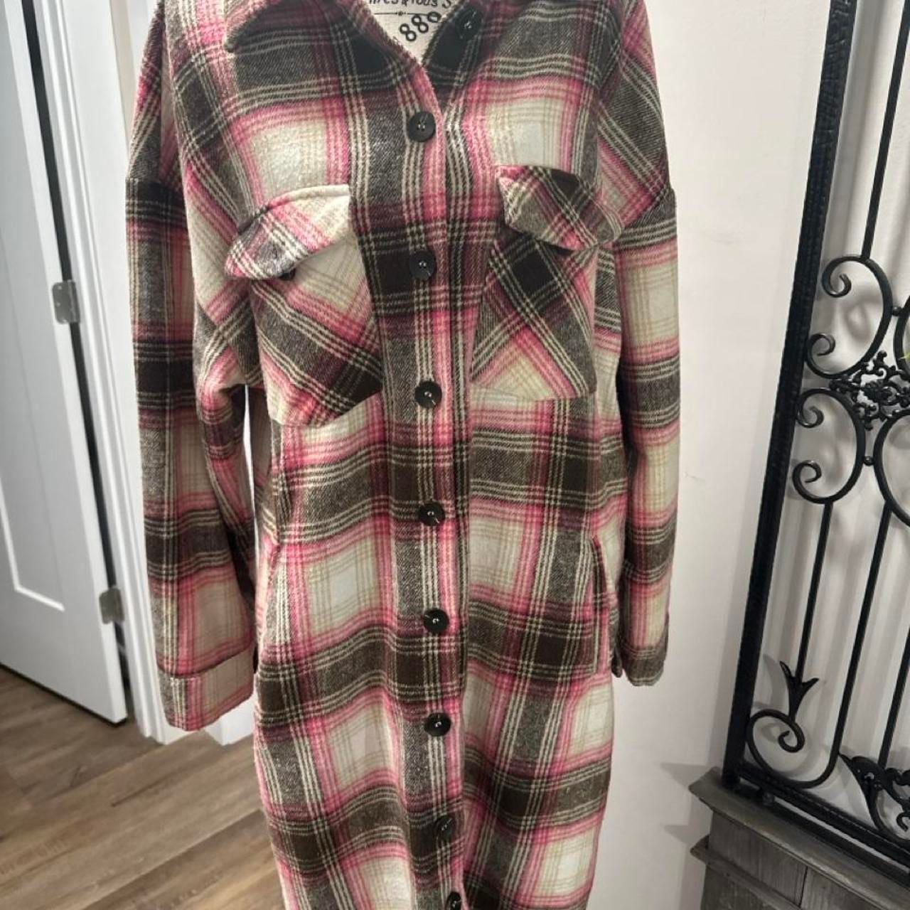 Unbranded Long Plaid Flannel Shacket Size L Pink Black Beige 6