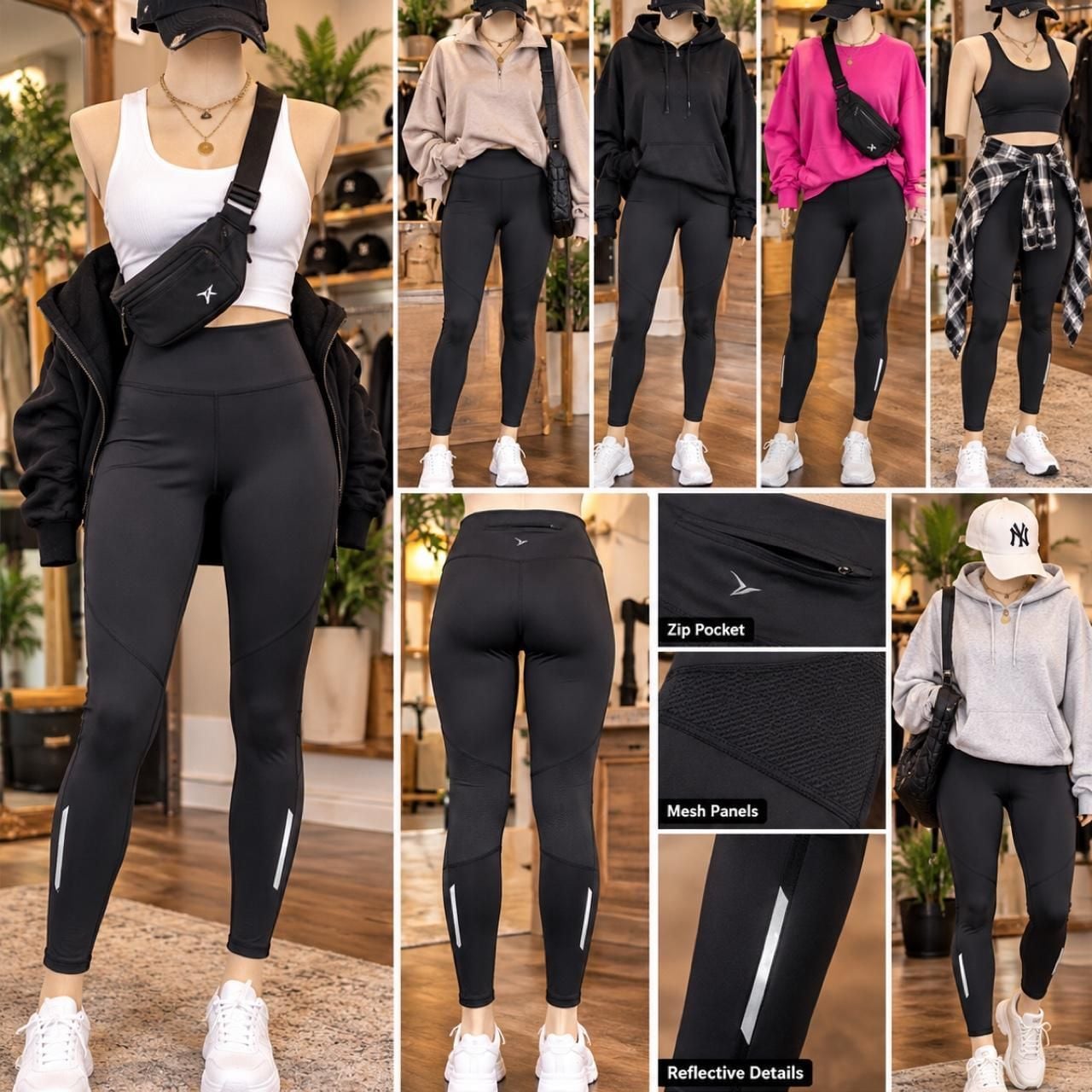 Old Navy Go-Dry Active Leggings Size L Black High Rise Mesh Zip Pocket 1