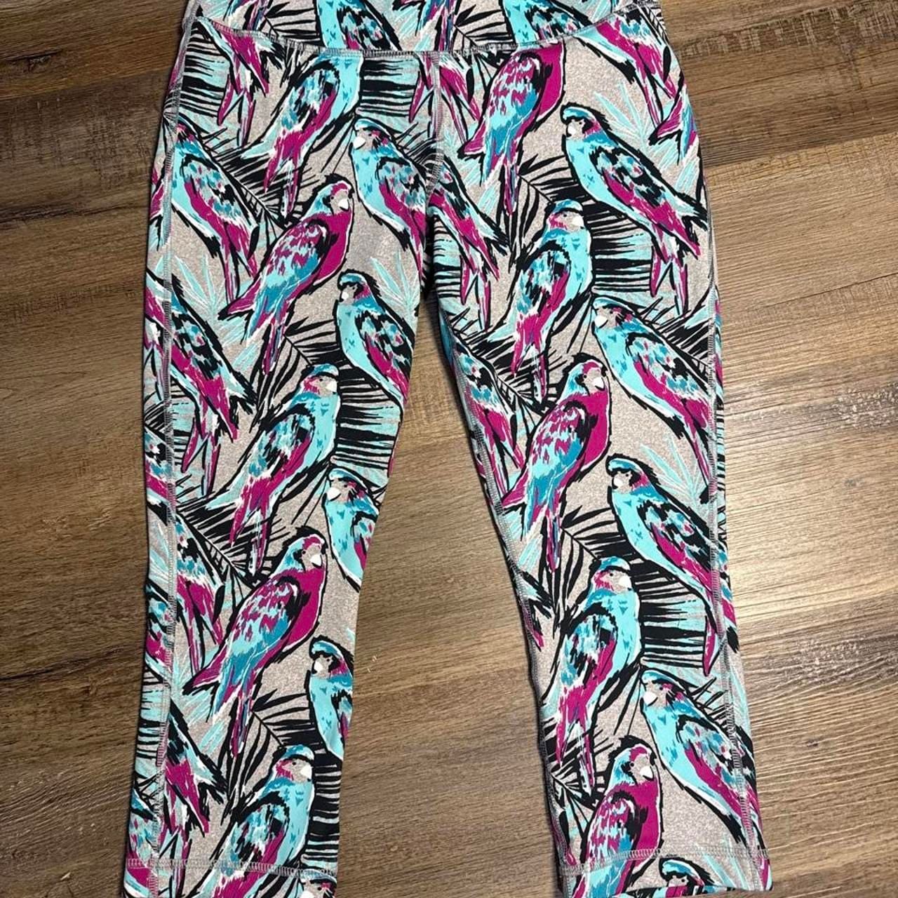 Zelos Parrot Print Capri Yoga Leggings Large Pink Blue 3