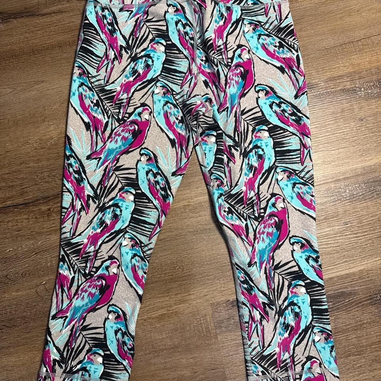 Zelos Parrot Print Capri Yoga Leggings Large Pink Blue 4