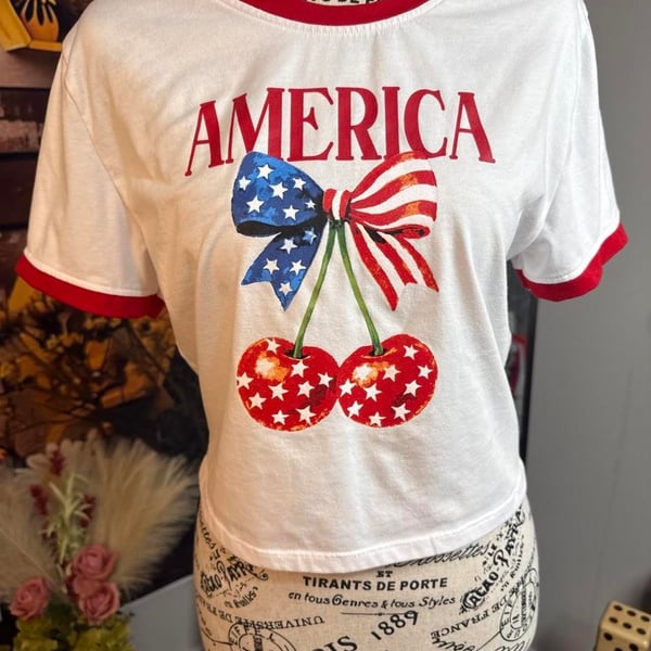 Ruby & Lace America Cherry Ringer T-Shirt Size XL White Red Graphic