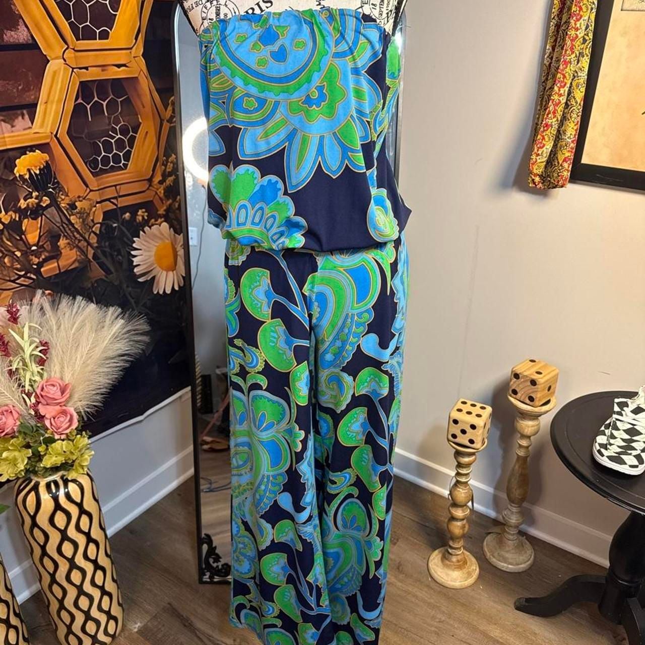 Veronicam Paisley Strapless Jumpsuit Size S Blue Green 2