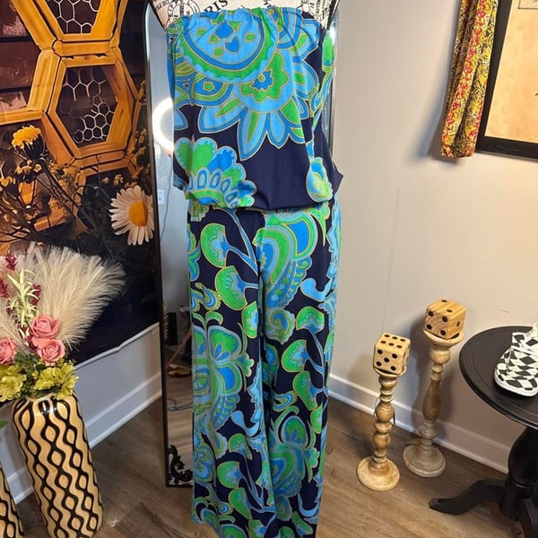 Veronicam Paisley Strapless Jumpsuit Size S Blue Green
