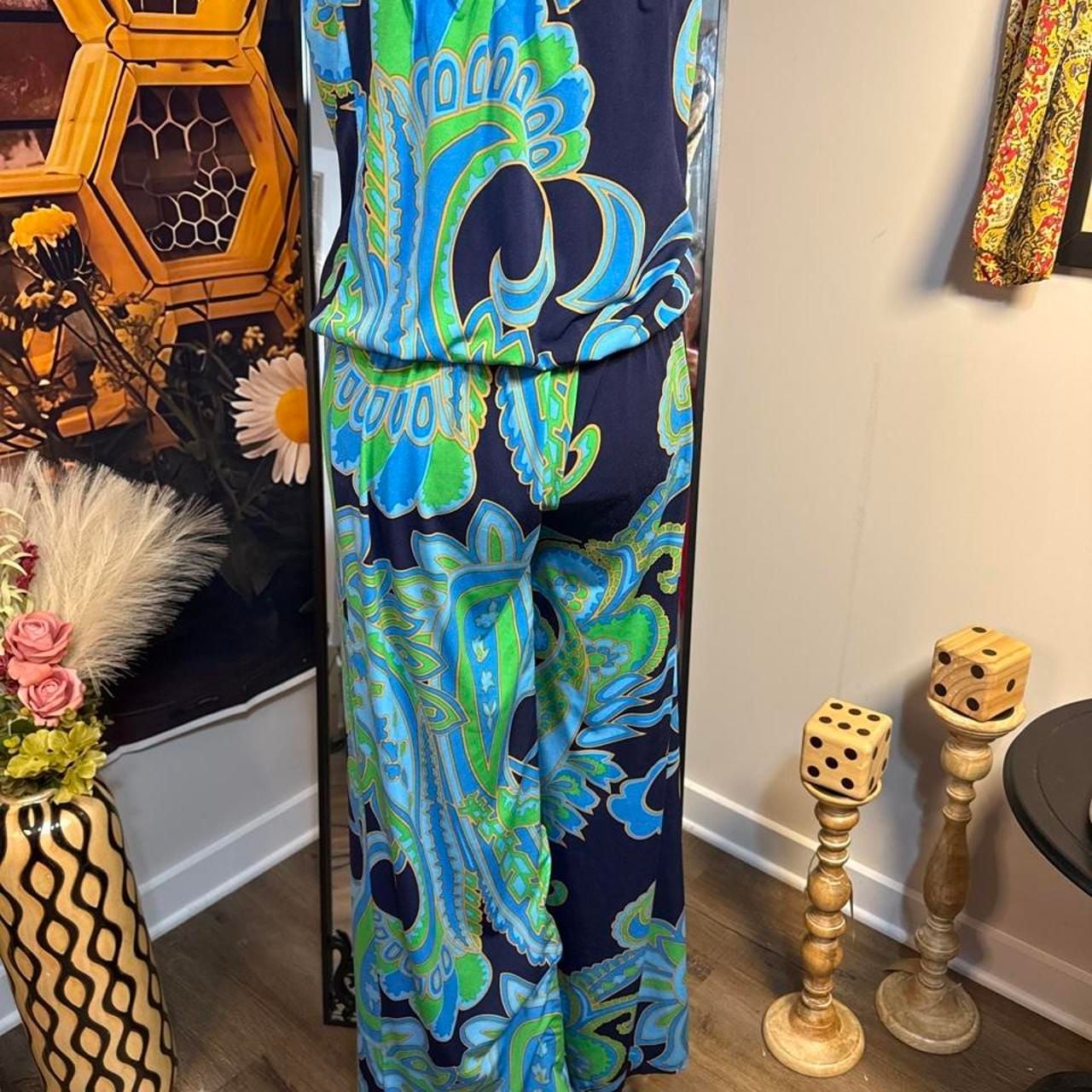 Veronicam Paisley Strapless Jumpsuit Size S Blue Green 5