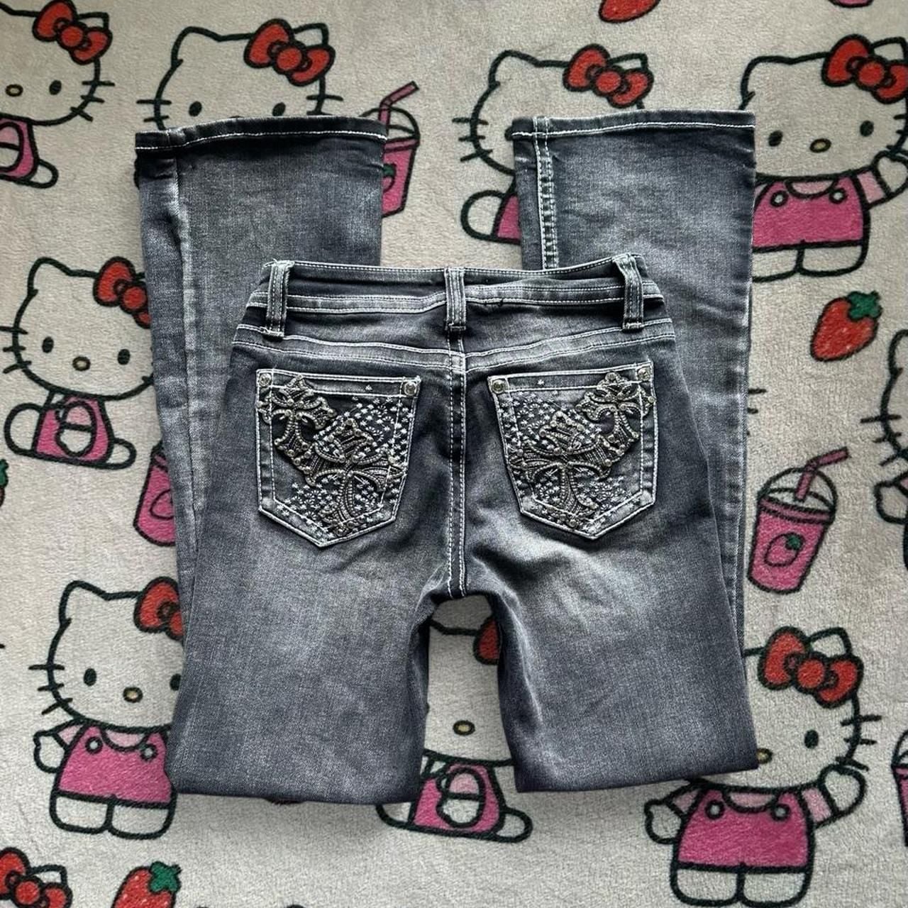 Fire & Rain Low Rise Flare Jeans Size 7 Grey Rhinestone Cross Pockets 4