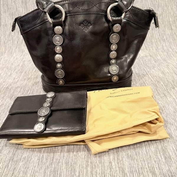 Patricia Nash Black Leather Tote and Wallet with Coin-Detail Straps