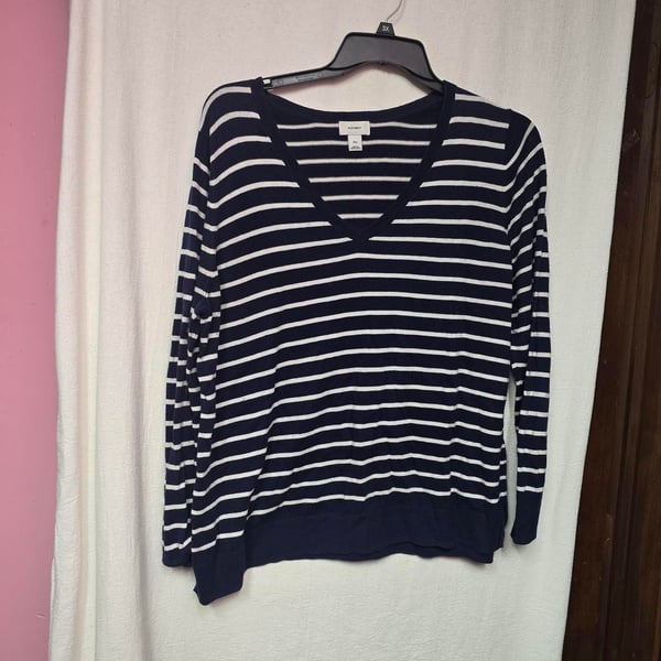 Old Navy Striped V-Neck Sweater Size XXL Navy Blue White Long Sleeve
