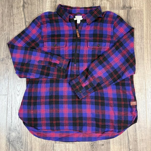 LL Bean Plaid Flannel 1/2 Zip Shirt Jacket Size XL Blue Red