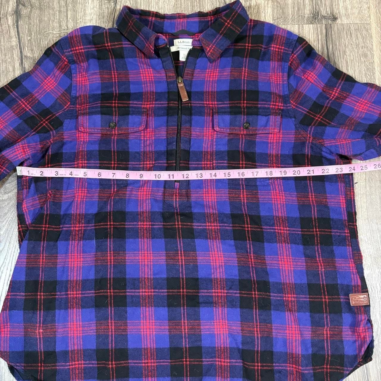 LL Bean Plaid Flannel 1/2 Zip Shirt Jacket Size XL Blue Red 7