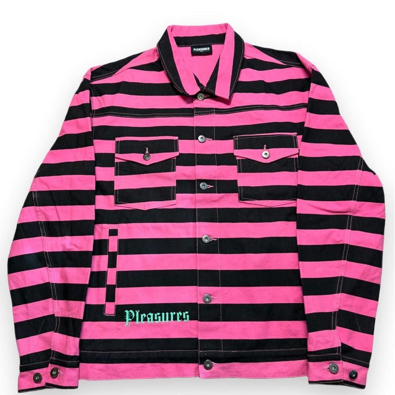 Pleasures Striped Jacket Large Pink Black Button Up 2