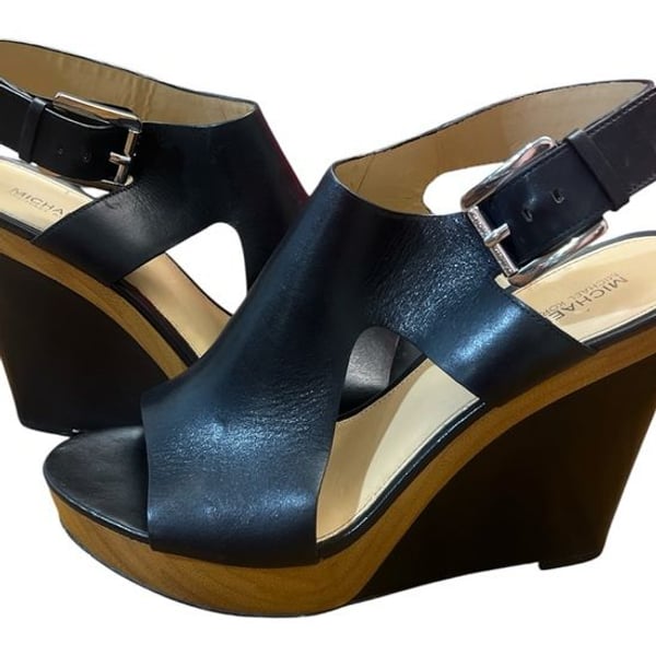 Michael Kors Josephine Black Leather Platform Wedge Sandals size 10