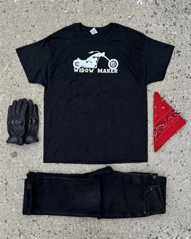 Black Tee with White 'Widow Maker' Motorcycle Graphic 2