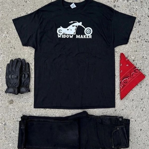 Black Tee with White 'Widow Maker' Motorcycle Graphic