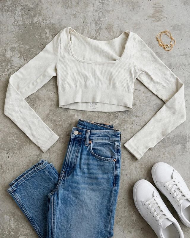 Cream Ivory Ribbed Long Sleeve Crop Top 2