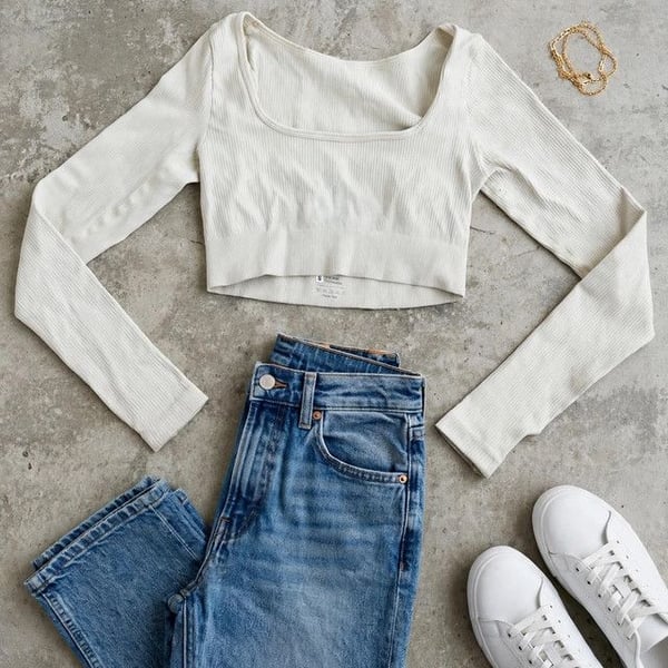 Cream Ivory Ribbed Long Sleeve Crop Top