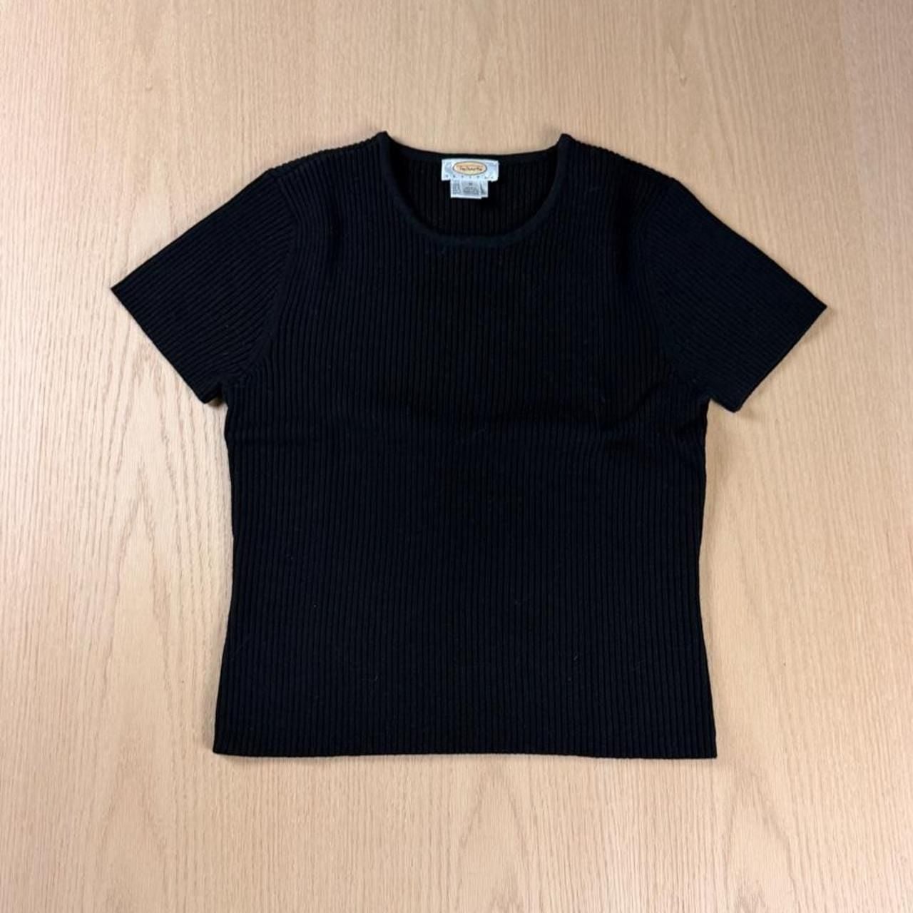 Talbots Petites Ribbed Knit Sweater Size M Black Short Sleeve Wool Top 2