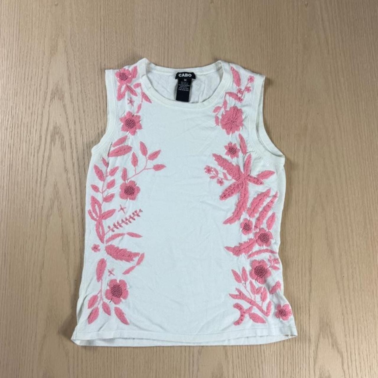 Cabo Embroidered Floral Beaded Tank Top Size M White Pink Knit 2