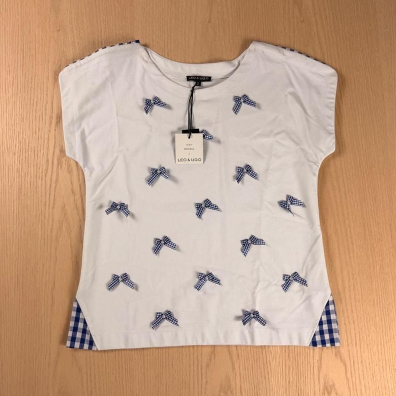 Leo & Ugo Gingham Bow T-Shirt Size 2 White Blue New With Tags 2