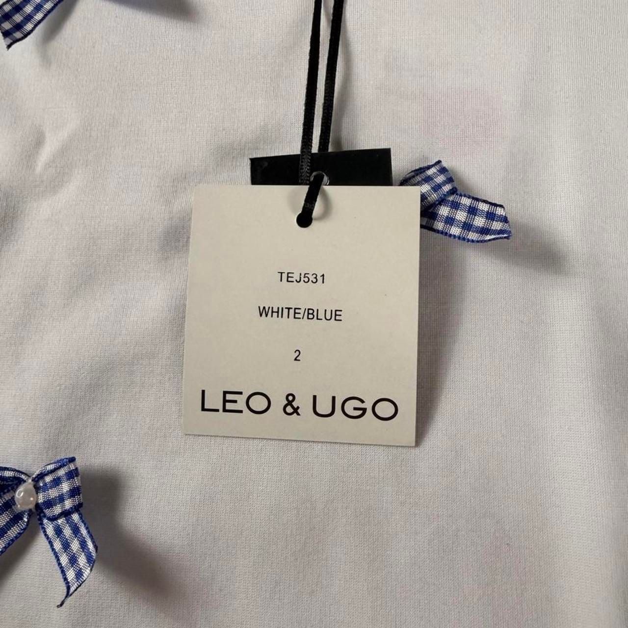 Leo & Ugo Gingham Bow T-Shirt Size 2 White Blue New With Tags 3