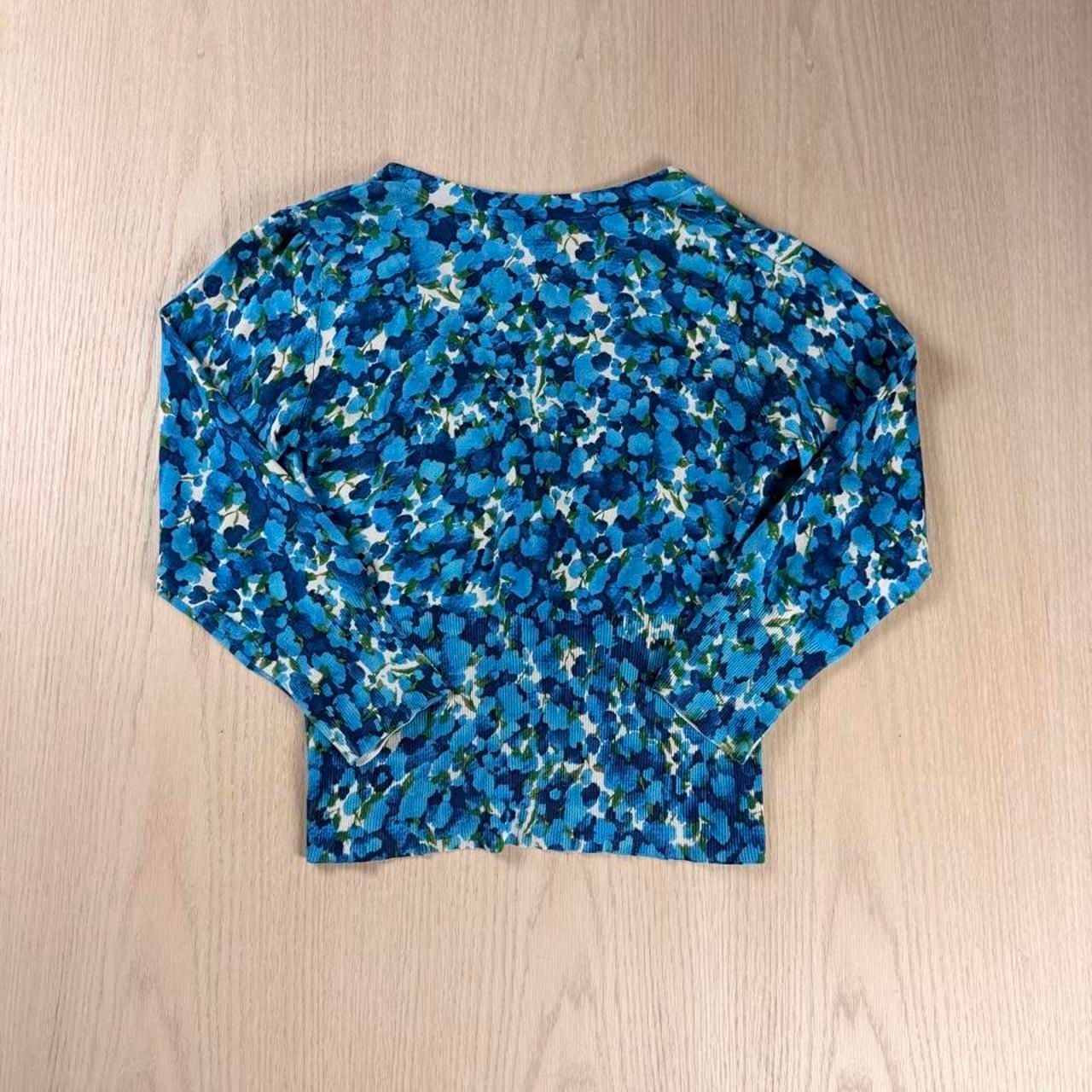 Anne Klein Floral Cardigan Size S Blue Silk Blend V-Neck Sweater 3