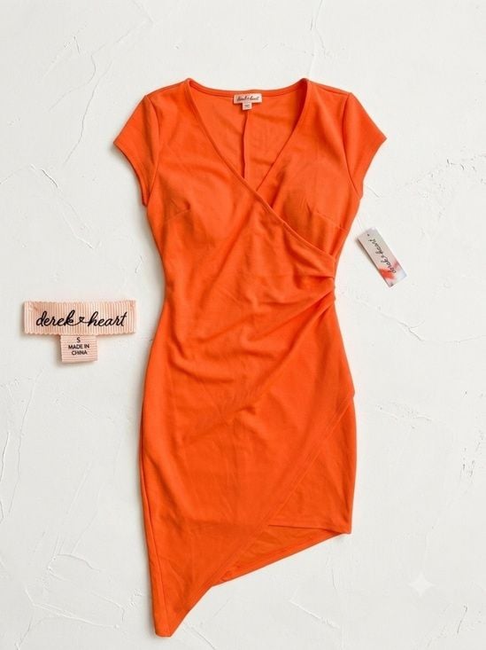 Derek Heart Bright Orange Asymmetrical Surplice Dress Small 3