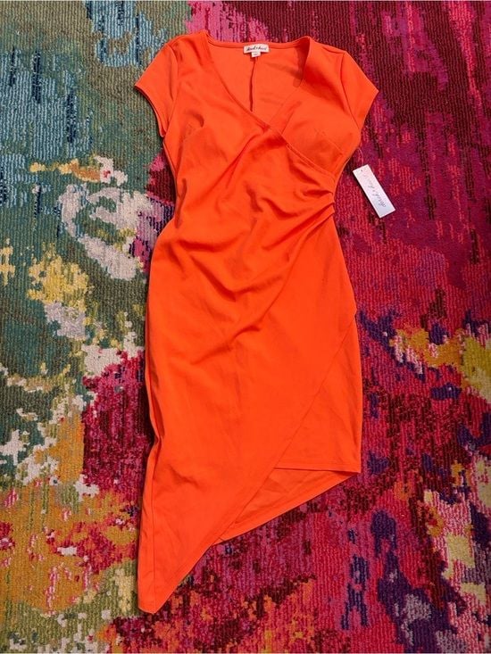 Derek Heart Bright Orange Asymmetrical Surplice Dress Small 4