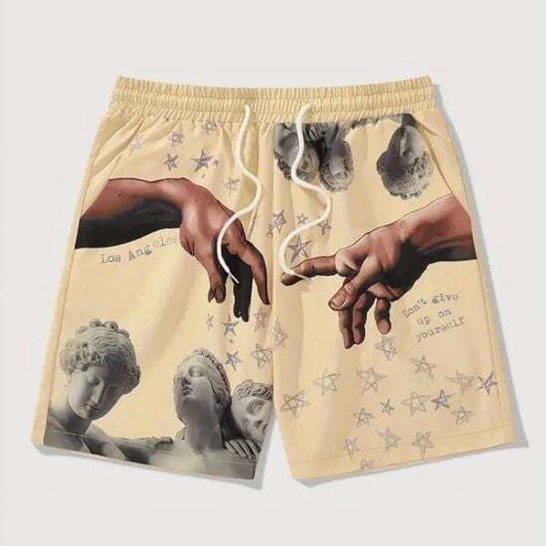 Men's Cream Graphic Athletic Shorts with Inspirational Print