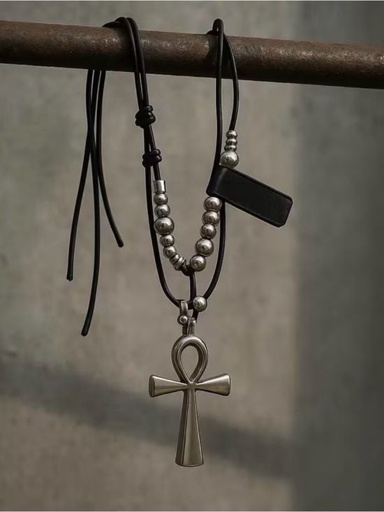 High Quality Black Leather Cord Necklace with Silver Ankh and Bead Accents 2