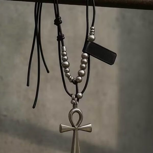 High Quality Black Leather Cord Necklace with Silver Ankh and Bead Accents