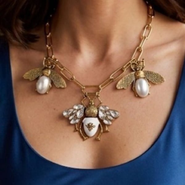 Luxe 3D Gold Bee Pendant Necklace with White Pearl and Crystal Accents