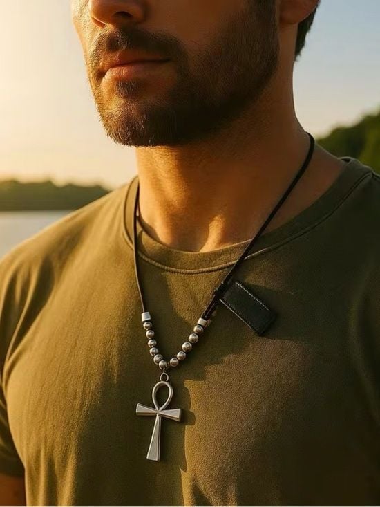 High Quality Black Leather Cord Necklace with Silver Ankh and Bead Accents 3
