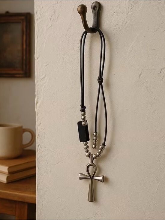 High Quality Black Leather Cord Necklace with Silver Ankh and Bead Accents 4