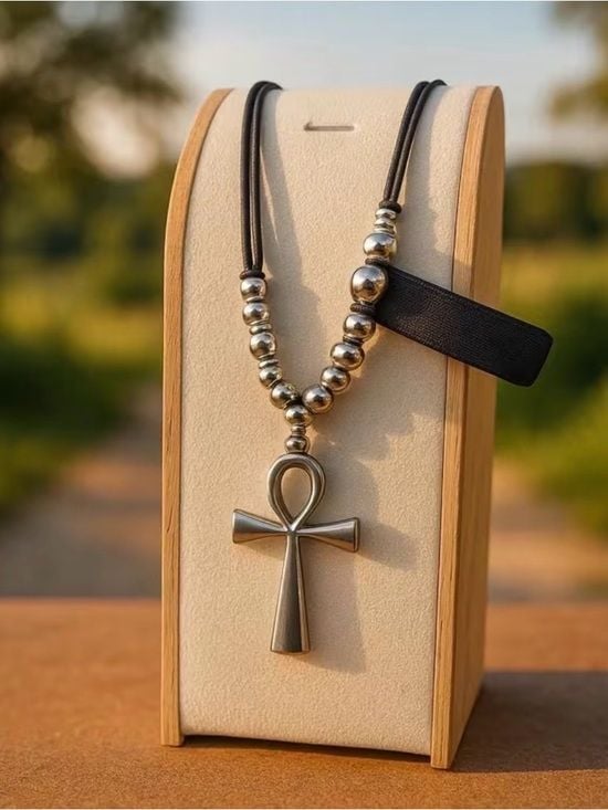 High Quality Black Leather Cord Necklace with Silver Ankh and Bead Accents 5