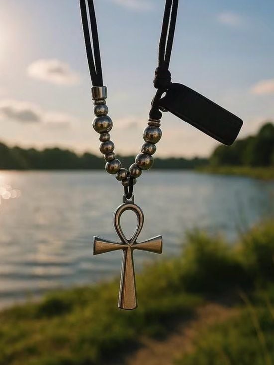 High Quality Black Leather Cord Necklace with Silver Ankh and Bead Accents 6