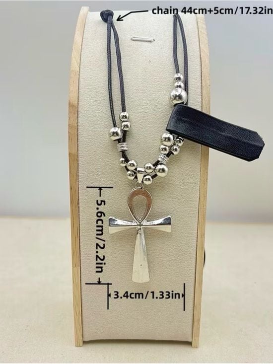 High Quality Black Leather Cord Necklace with Silver Ankh and Bead Accents 7