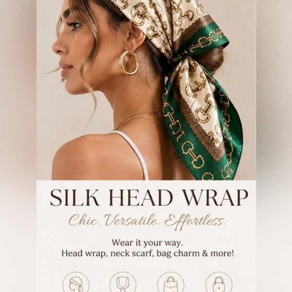 Silk Chain-Print Head Wrap in Cream & Green