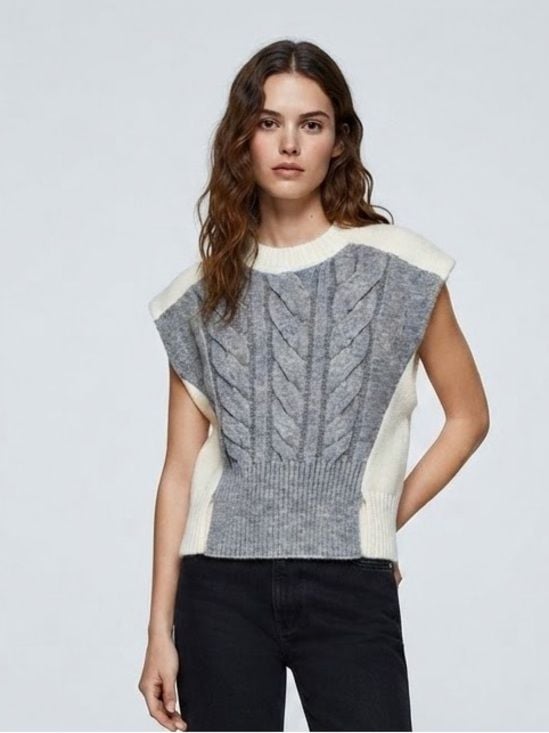 Zara Gray & Cream Contrast Cable Knit Sleeveless Sweater Vest Small 8